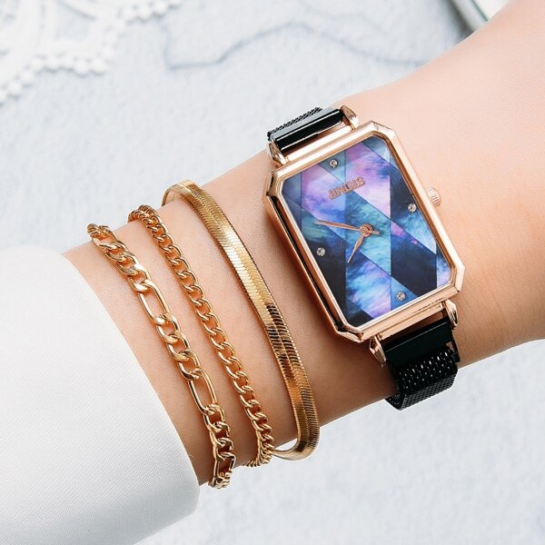 

1pc Rhinestone Decor Rectangle Quartz Watch & 3pcs Bracelet