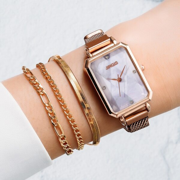 

1pc Rhinestone Decor Rectangle Quartz Watch & 3pcs Bracelet