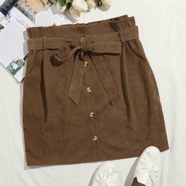 

Plus Button Front Belted Corduroy Skirt, Mocha brown