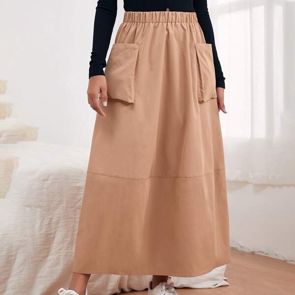 

Elastic Waist Dual Pocket Skirt, Apricot