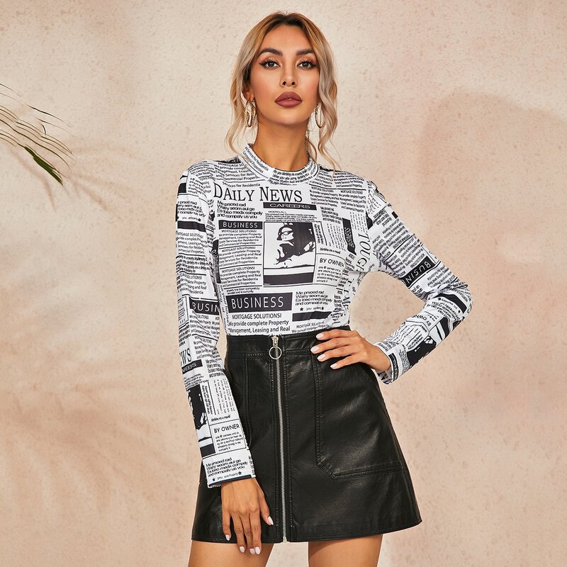 

Newspaper Print Mock Neck Bodysuit, Black and white