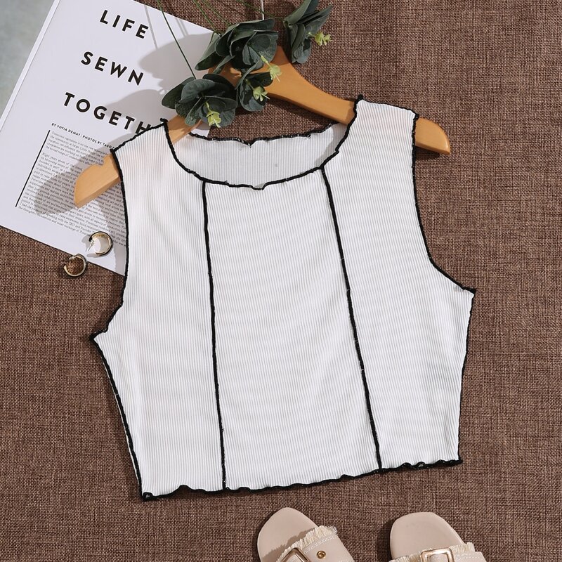 

Contrast Binding Rib-knit Crop Tank Top, White