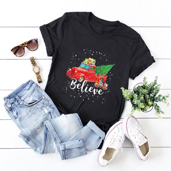 

Christmas Print Crew Neck Tee, Black