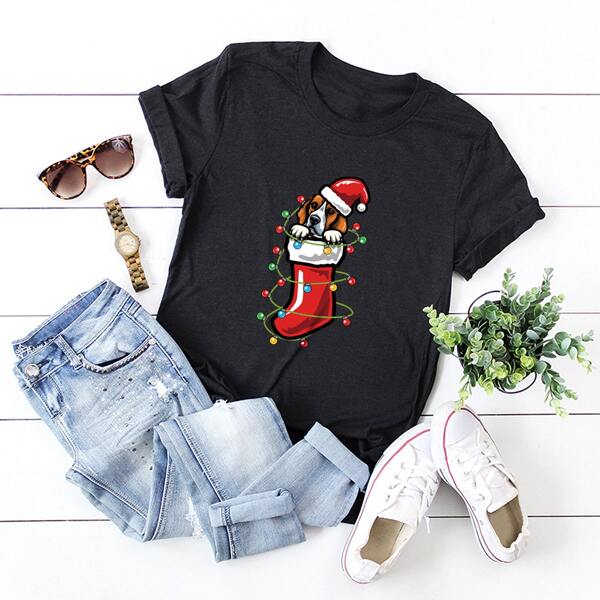 

Christmas Print Crew Neck Tee, Black