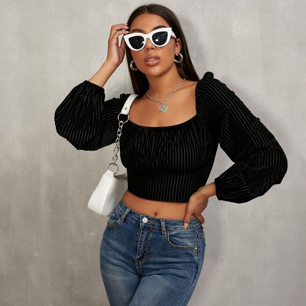 

Velvet Square Neck Puff Sleeve Blouse, Black