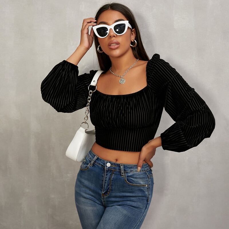 

Velvet Square Neck Puff Sleeve Blouse, Black