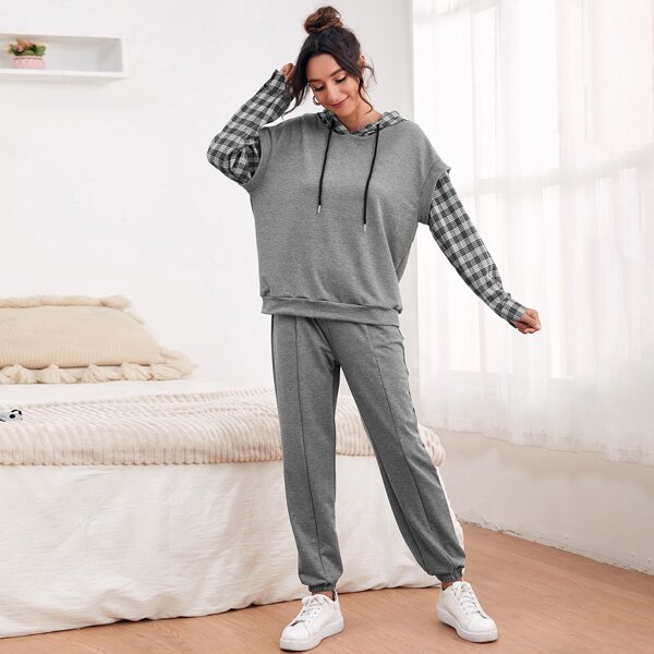 

Contrast Plaid Drawstring Hoodie With Sweatpants, Grey
