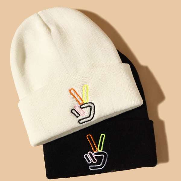 

2pcs Gesture Embroidery Beanie, Black and white