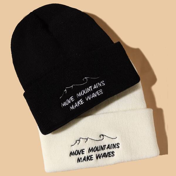 

2pcs Letter Embroidery Beanie, Black and white