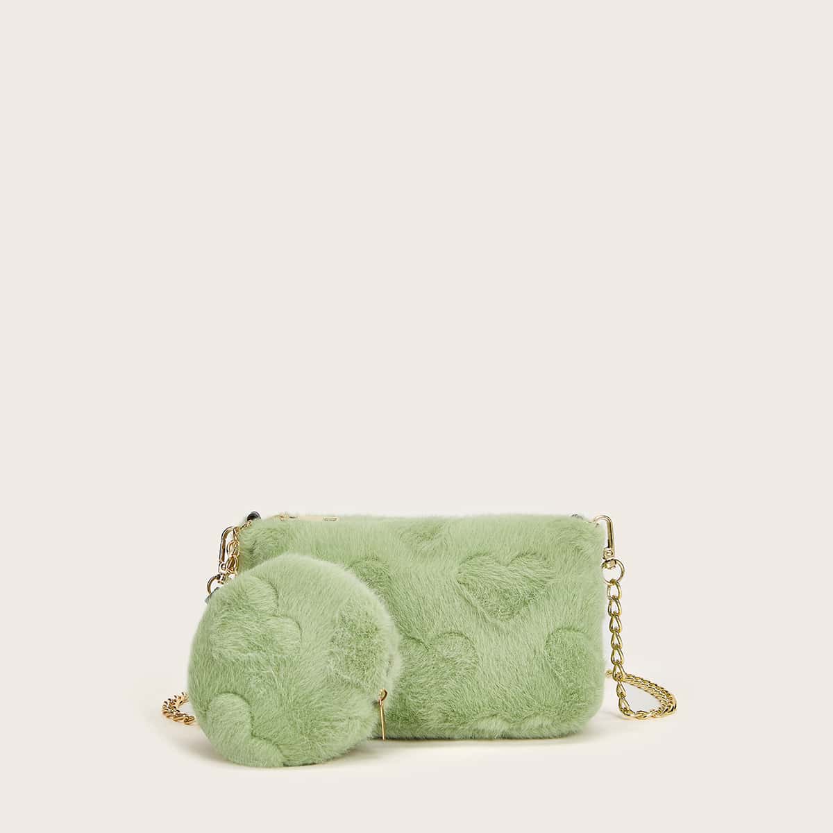 

Fluffy Chain Bag With Coin Case, Green