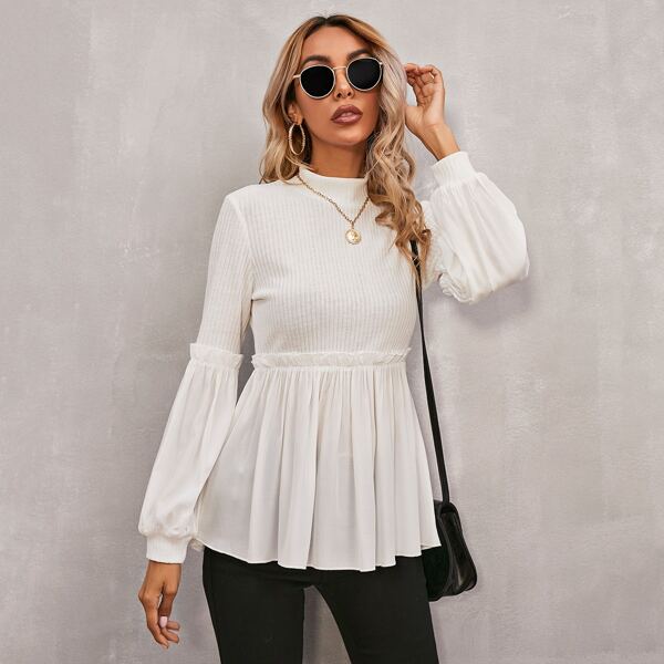 

Mock Neck Frill Trim Peplum Top, White