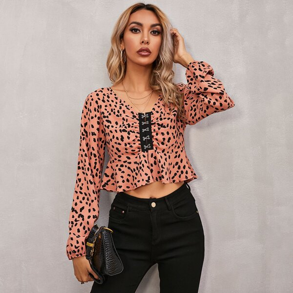 

Dalmatian Hook and Eye Peplum Crop Top, Coral orange