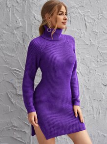 Rolled Neck Raglan Sleeve Split Side Sweater Dress - Violet Purple - View 4