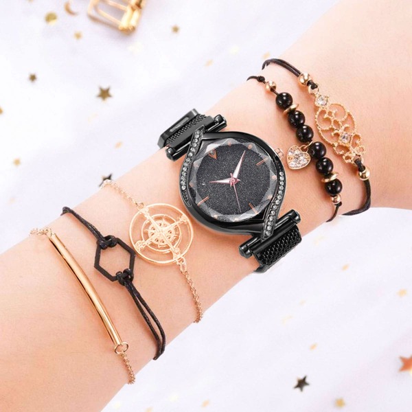 

1pc Rhinestone Decor Mesh Strap Quartz Watch & 5pcs Bracelet