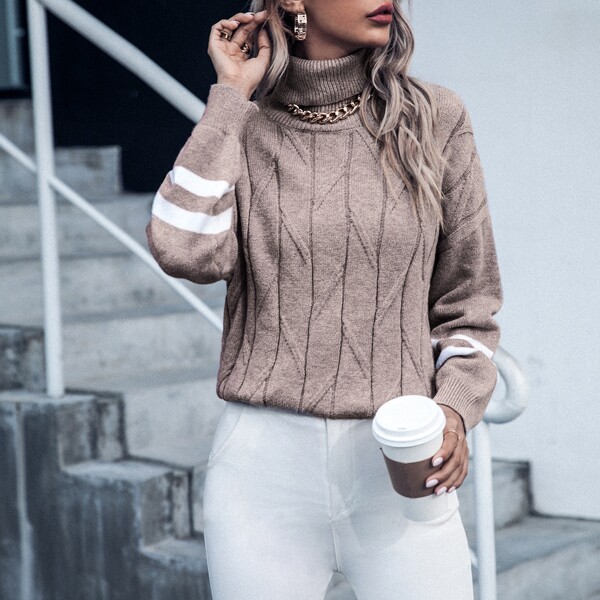 

Varsity Striped Turtleneck Sweater, Apricot