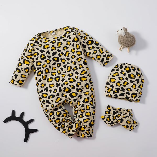 

Baby Girl Allover Print Jumpsuit With Hat & Headband, Multicolor