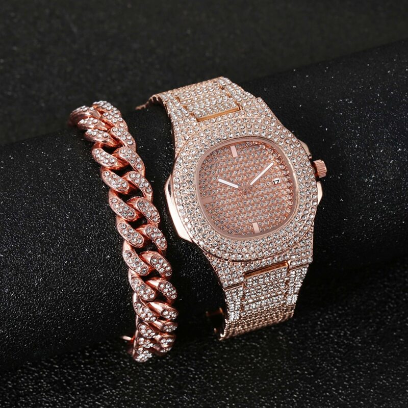 

1pc Guys Rhinestone Decor Quartz Watch & 1pc Chain Bracelet