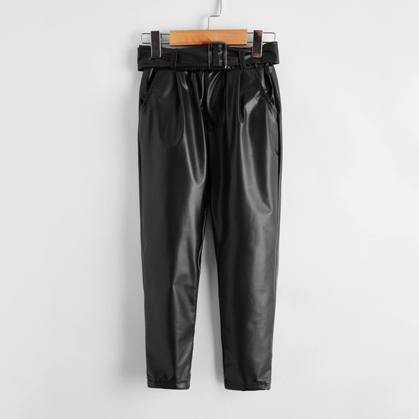 

Toddler Girls PU Belted Pocket Pants, Black