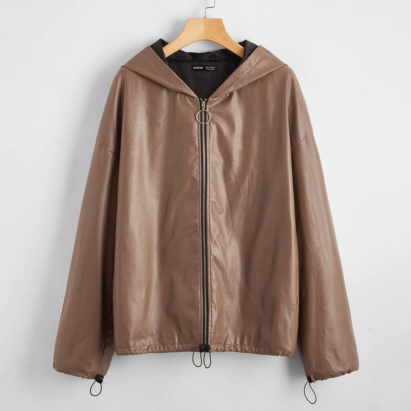 

O-ring Zip Up Hooded PU Leather Jacket, Coffee brown