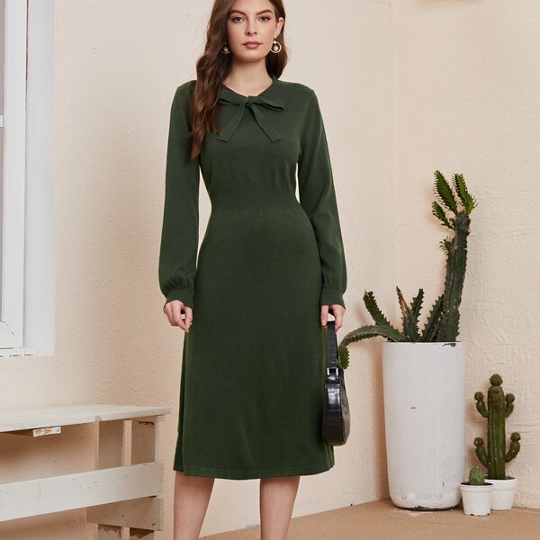 

Bishop Sleeve Knot Front Sweater Dress, Dark green