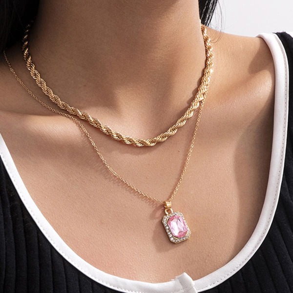 

2pcs Gemstone Pendant Necklace, Gold