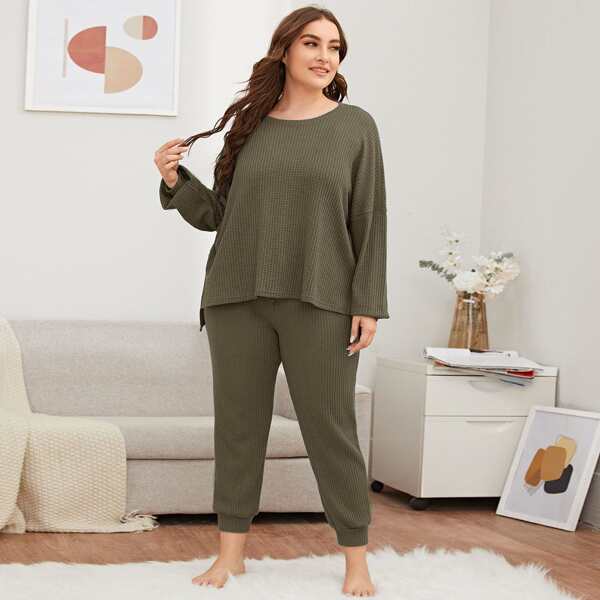 

Plus Waffle Knit High Low Hem PJ Set, Army green