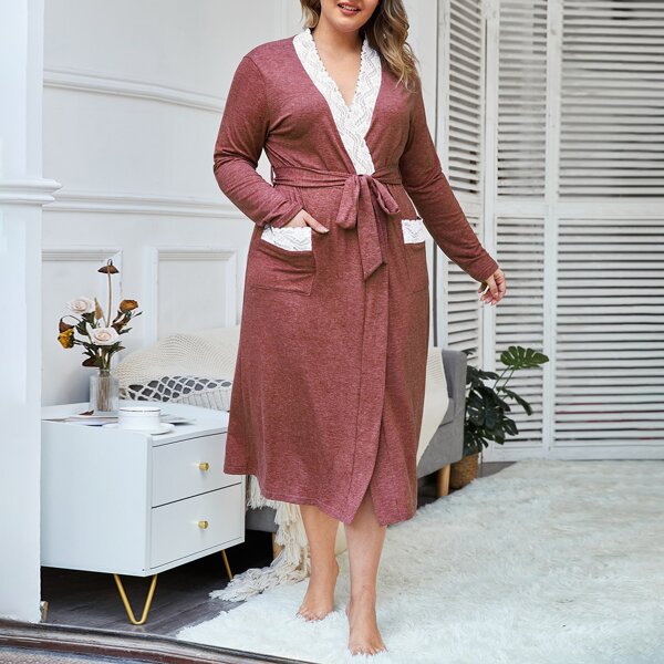 

Plus Contrast Lace Dual Pocket Belted Robe, Redwood