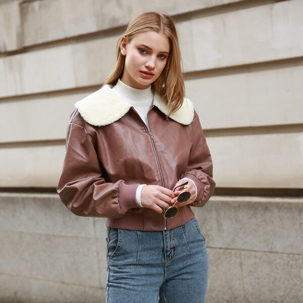 

Faux Shearling Trim Drop Shoulder PU Jacket, Brown