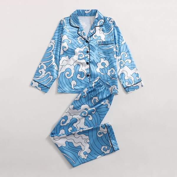 

Boys Ukiyo-e Print Button Front Satin Pajama Set, Blue