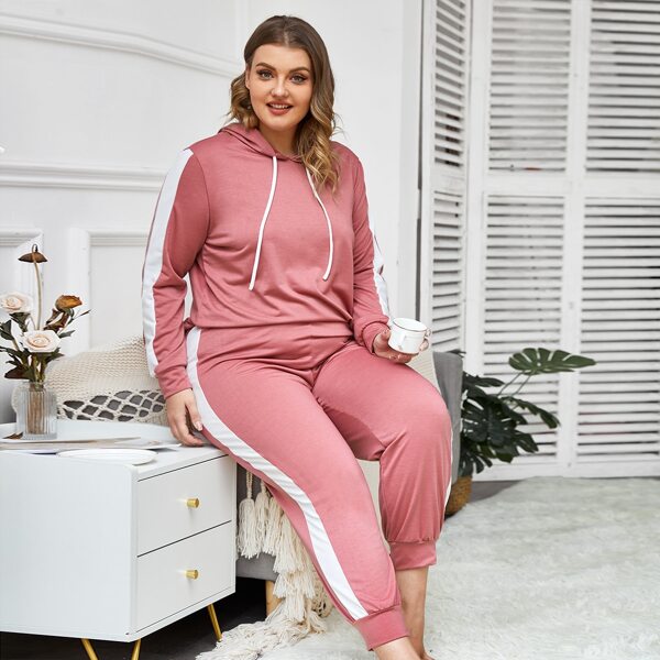 

Plus Side Seam Drawstring Hoodie & Sweatpants PJ Set, Pink