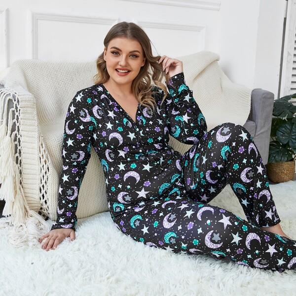 

Plus Galaxy Print Half Button Sleep Jumpsuit, Black