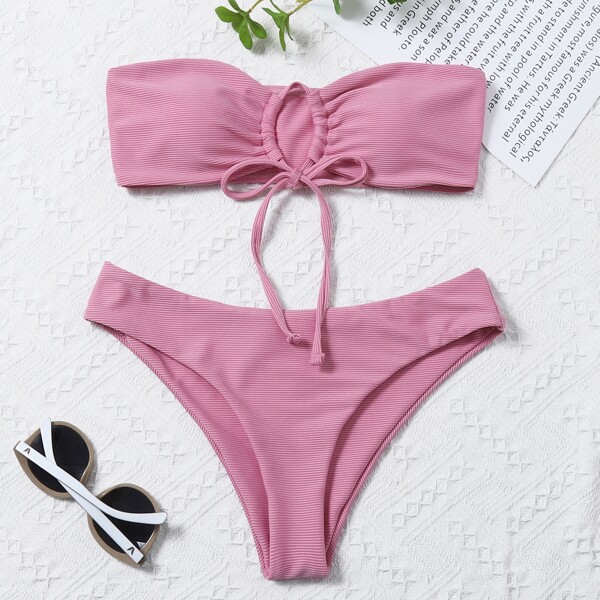 

Tie Front Bandeau Bikini Swimsuit, Pink