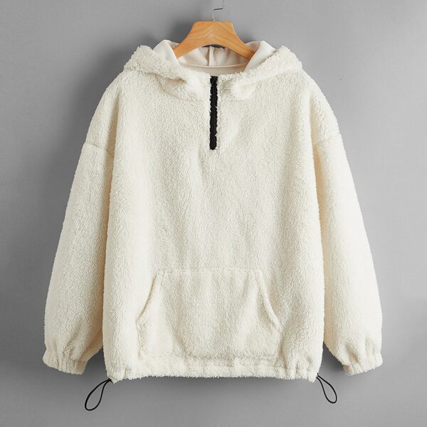

Kangaroo Pocket Drawstring Half Zip Teddy Hoodie, Beige