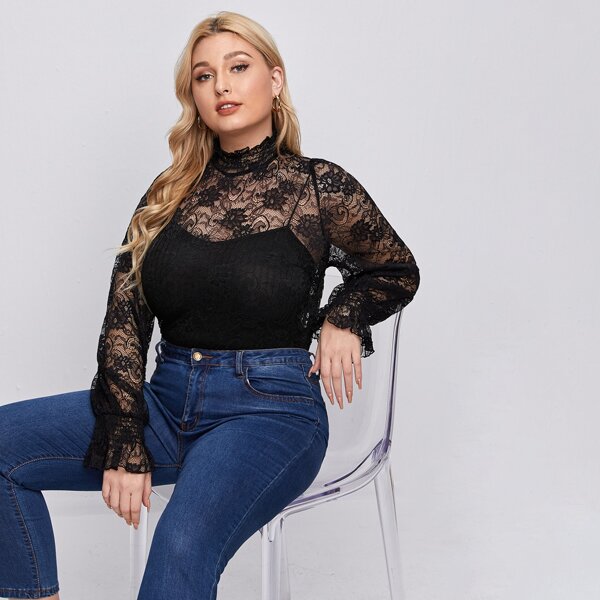 

Plus Shirred Panel Bell Sleeve Sheer Lace Top Without Camisole, Black