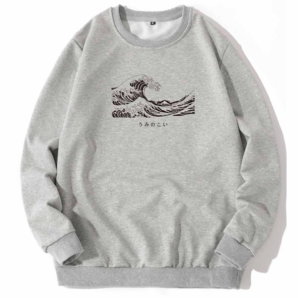

Men Ocean Wave And Japanese Letter Graphic Sweatshirt, Light grey