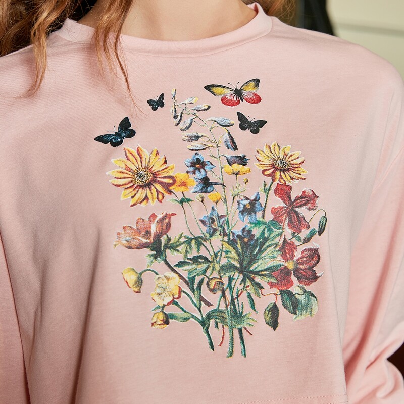 

Butterfly & Floral Print Tee, Baby pink