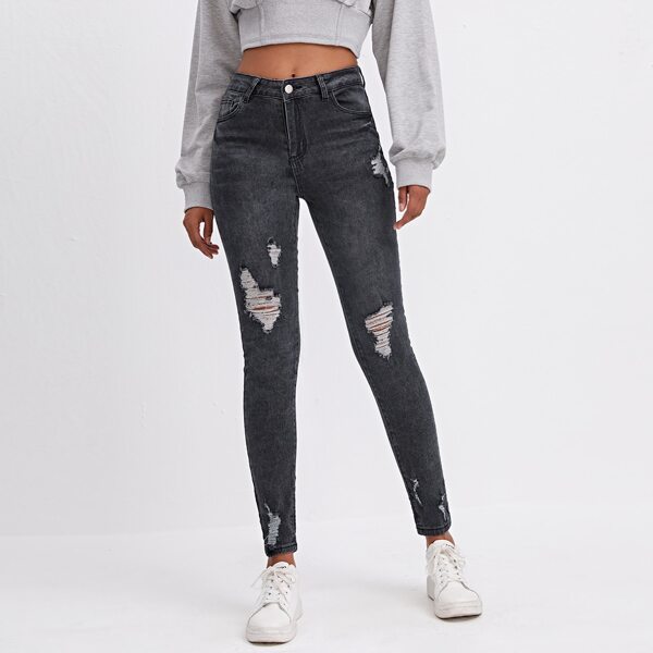 

High Stretch Ripped Detail Skinny Jeans, Black