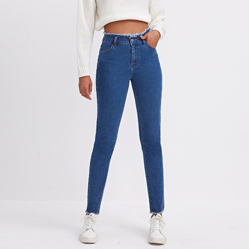 

High Waist Raw Hem Skinny Jeans, Medium wash