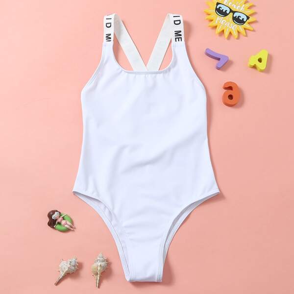 

Girls Letter Strap One Piece Swimsuit, White