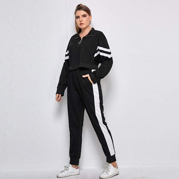 

Plus Tape Panel Zip Half Sweatshirt & Sweatpants Set, Black