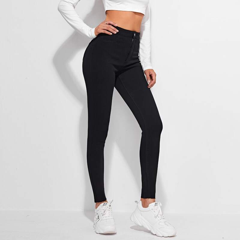 

High Waist Raw Hem Skinny Jeans, Black