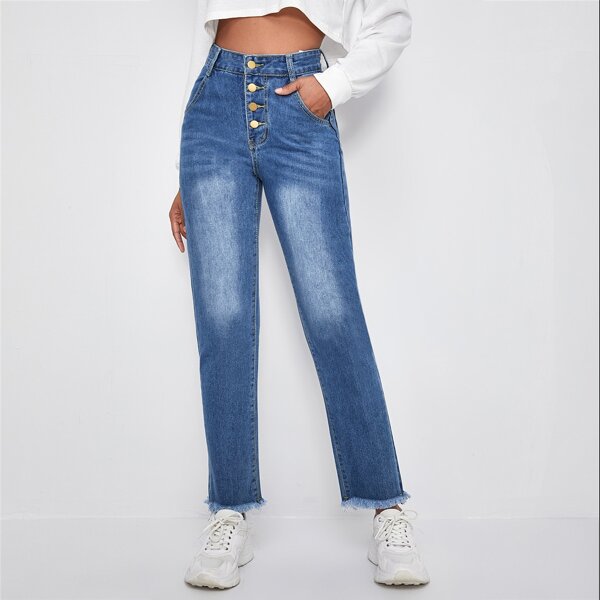 

High-Rise Raw Hem Straight Jeans, Medium wash