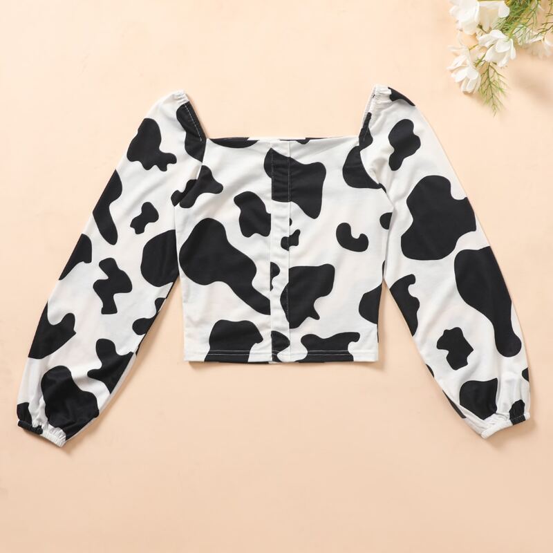 

Cow Print Square Neck Crop Tee, Black and white