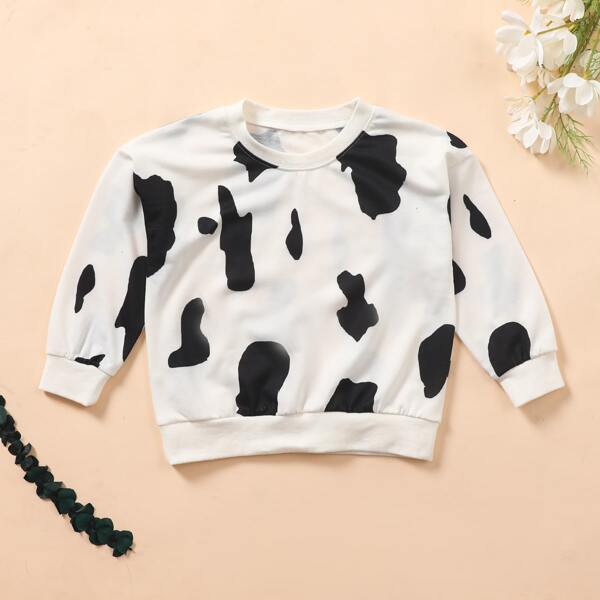 

Toddler Girls Cow Print Drop Shoulder Sweatshirt, White