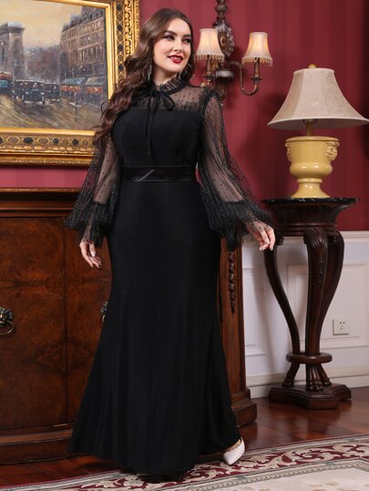 فستان حفلة مقاس كبير لامع بربطة عنق شبكي