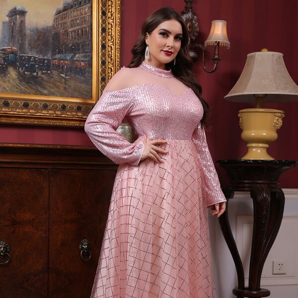 

Plus Mesh Panel Mock Neck Sequins Form Dress, Baby pink