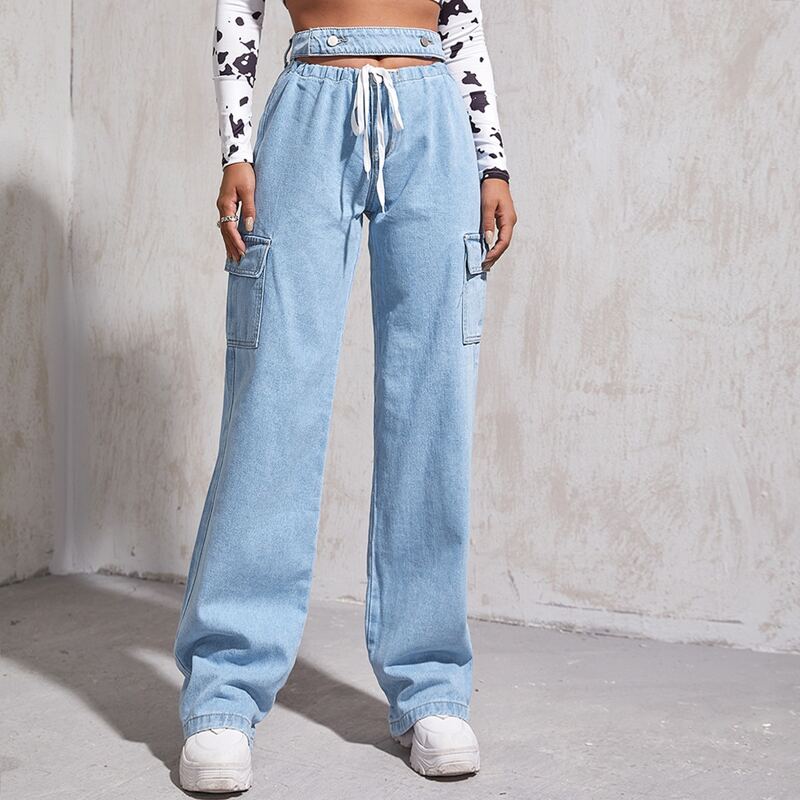 

Cut-out Drawstring Waist Cargo Jeans, Light wash