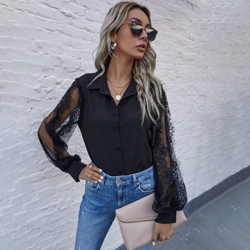 

Lace Sleeve Panel Covered Button Blouse, Black