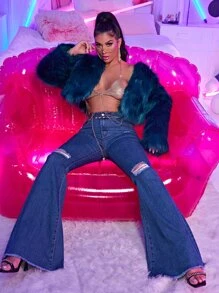 SHEIN BAE Ripped Raw Hem Flare Leg Jeans With Chain - Dark Wash - View 3