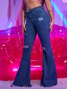 SHEIN BAE Ripped Raw Hem Flare Leg Jeans With Chain - Dark Wash - View 4